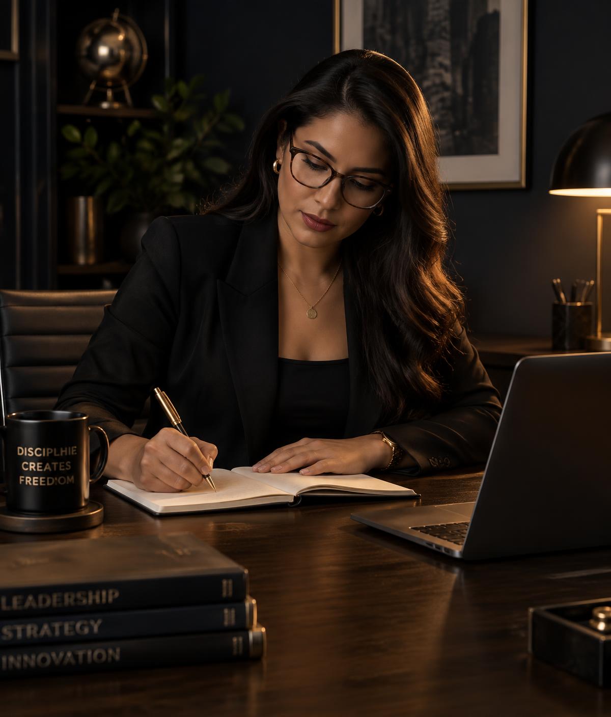 Stephanny Oberto escribiendo su estrategia de comunicación en su escritorio